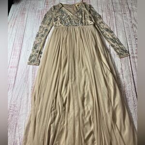 Maya Nude/Beige Long Sleeve Embellished Maternity Dress with netting overlay